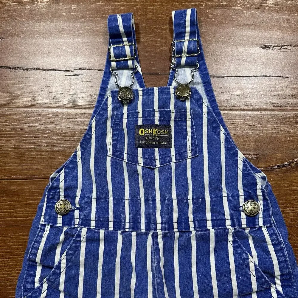 Vintage OshKosh B'Gosh Overalls Baby 12M Blue Stripe USA Made Snaps Railroad VTG